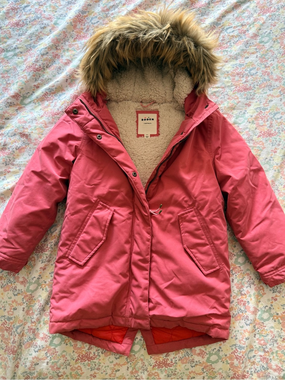 Mini Boden Girls' Pink Hooded Parka Coat with Removable Faux Fur Trim